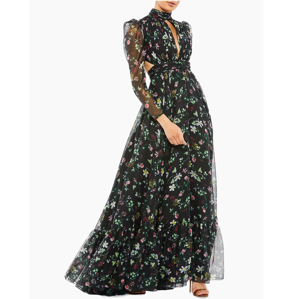 Mac Duggal Floral Chiffon Cutout Long Sleeve Gown